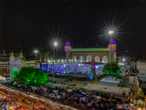 A mosque lit for festive prayers; Travel photography; Ramzaan Festive season;